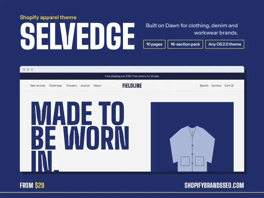 Selvedge Shopify apparel theme preview with the homepage hero, built on Dawn