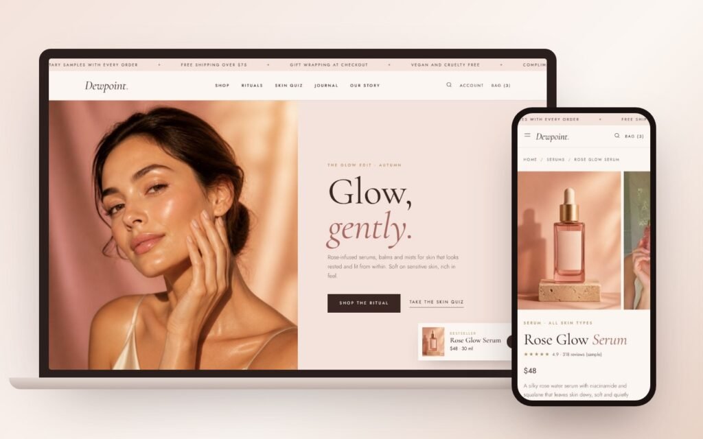 Dewpoint Shopify skincare theme on laptop and phone