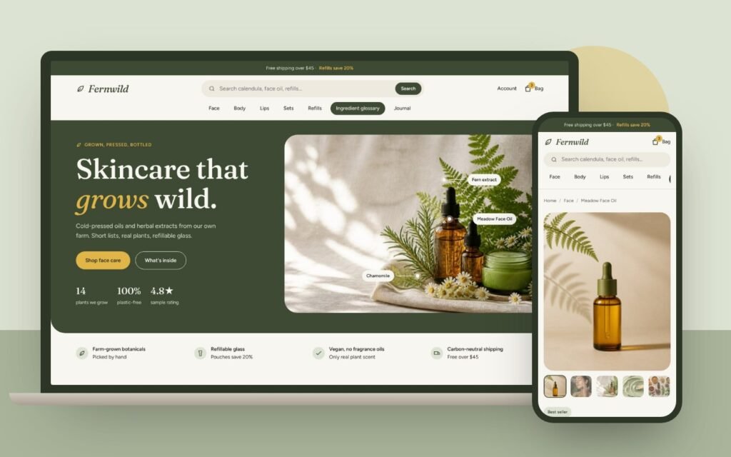 Fernwild Shopify skincare theme shown on desktop and mobile