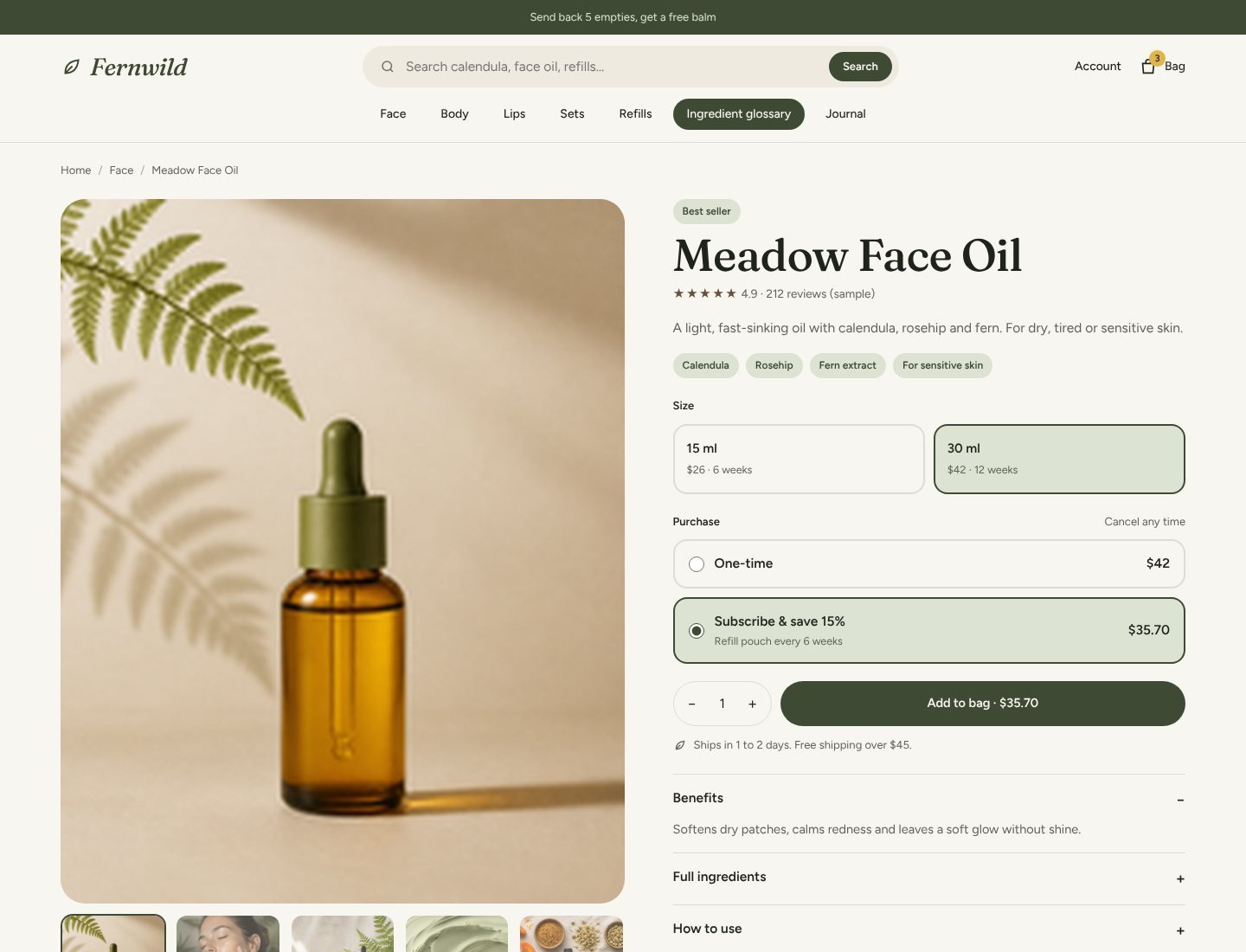 Fernwild Shopify skincare theme product page