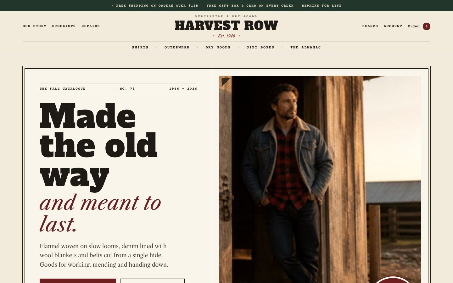 Harvest Row Shopify heritage theme home page