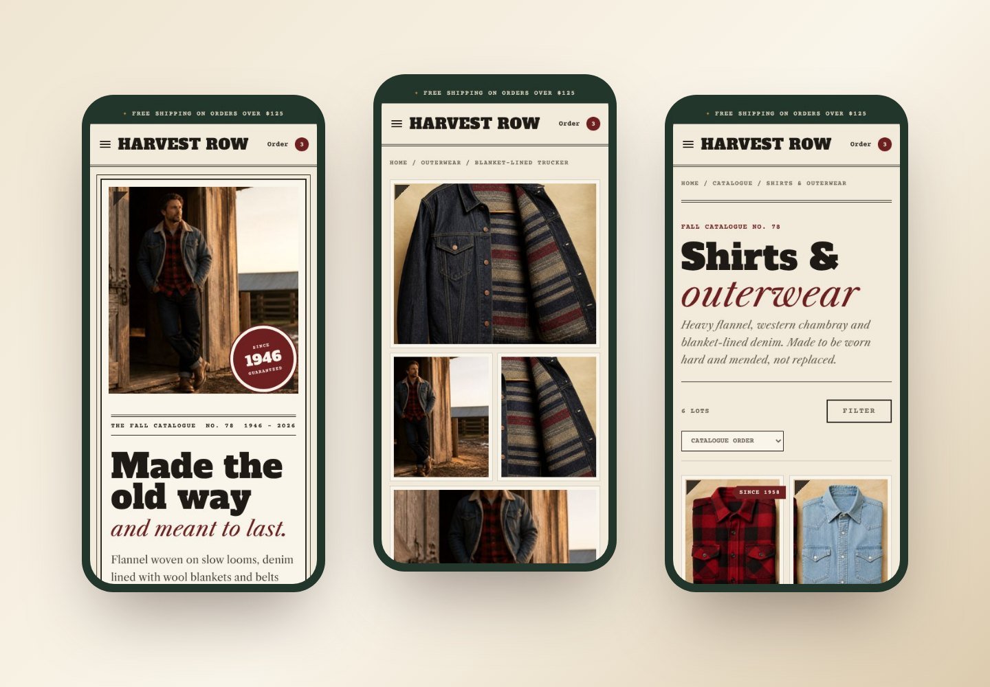 Harvest Row Shopify heritage theme on mobile