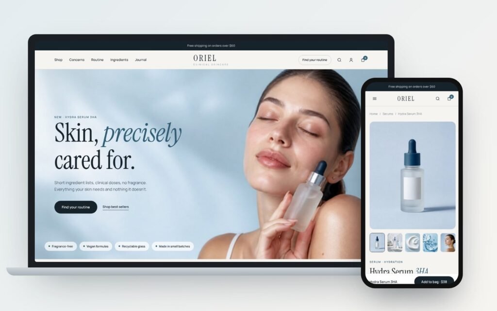 Oriel Shopify skincare theme on laptop and phone