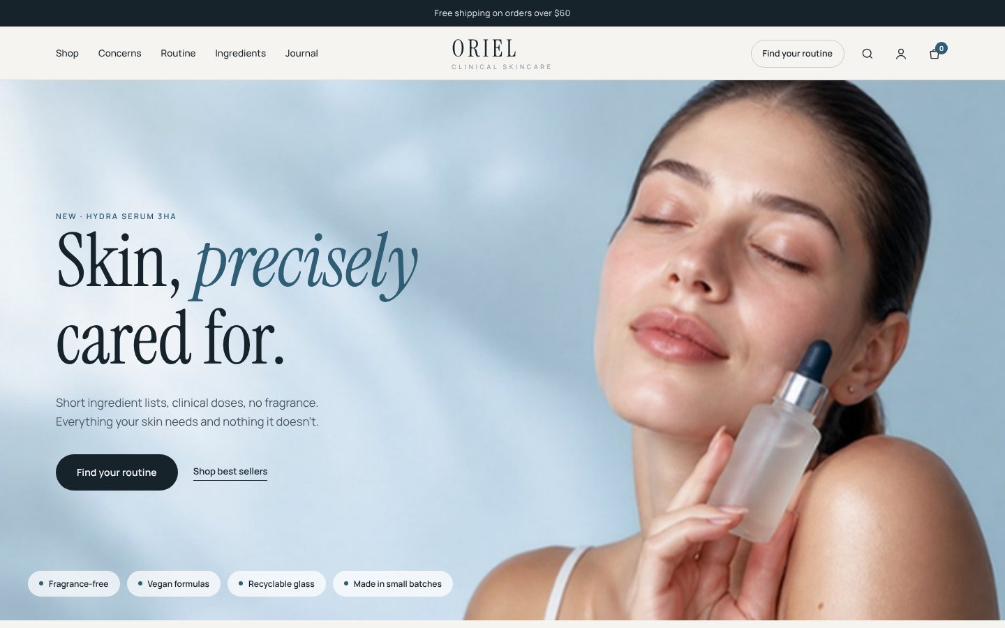 Oriel Shopify skincare theme home page