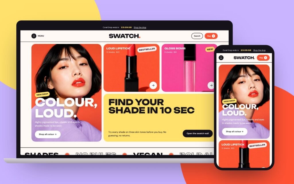 Swatch Shopify makeup theme on laptop and phone